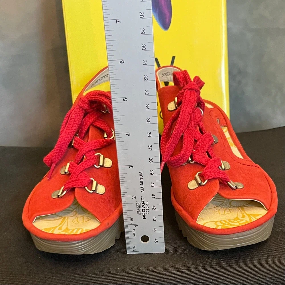 FLY LONDON Ylfa Red‎ Suede Lace Up Wedge Sandals Women Size 38